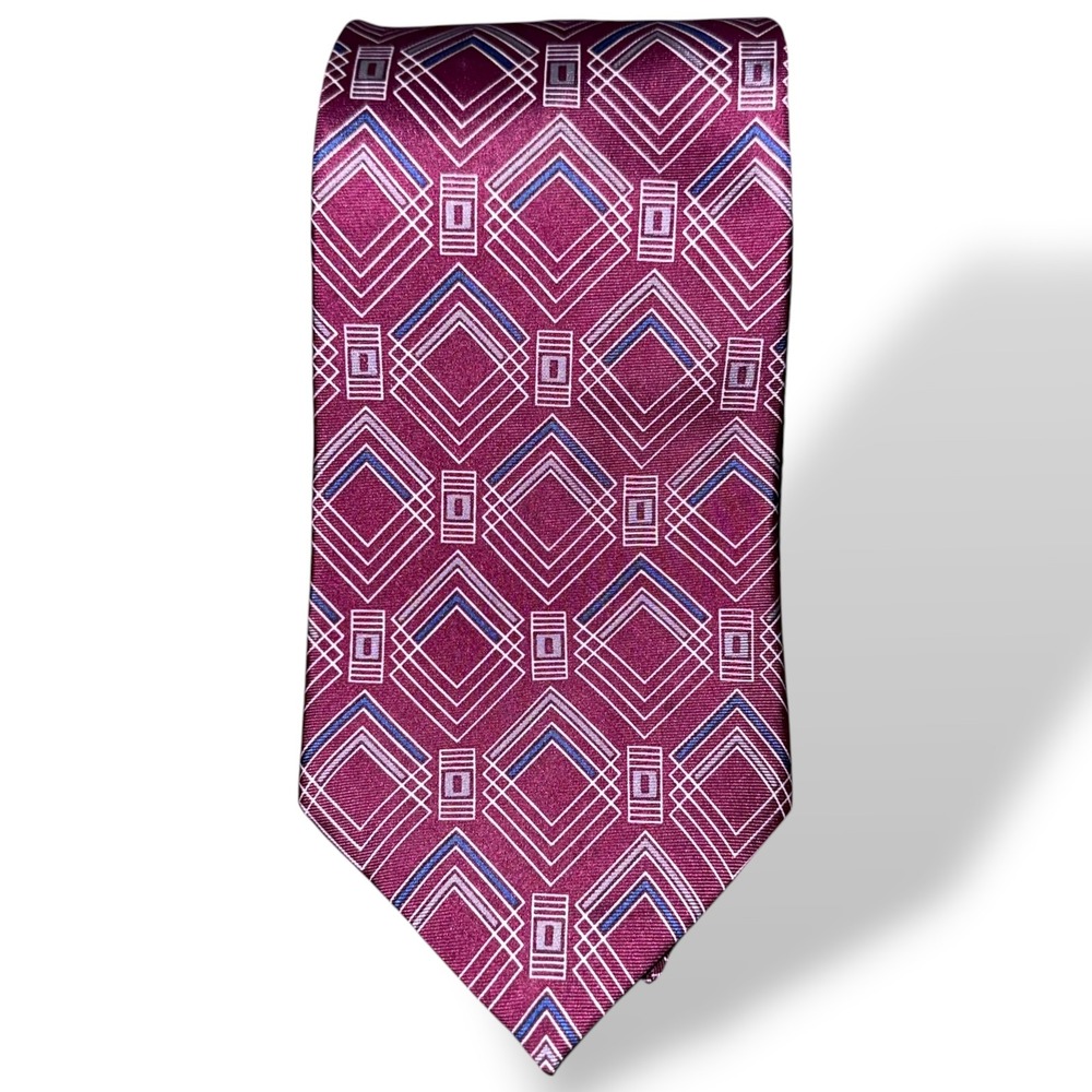 Oscar de la Renta Necktie Mens OS Burgundy Geometric Diamond Silk Made in USA